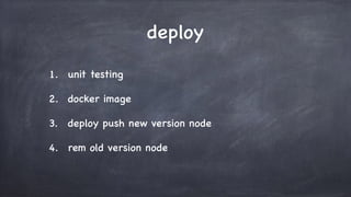 deploy
1. unit testing
2. docker image
3. deploy push new version node
4. rem old version node
 