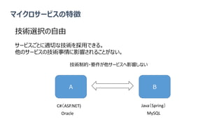 技術選択の自由
サービスごとに適切な技術を採用できる。
他のサービスの技術事情に影響されることがない。
マイクロサービスの特徴
A B
Java（Spring）C#（ASP.NET)
技術制約・要件が他サービスへ影響しない
MySQLOracle
 