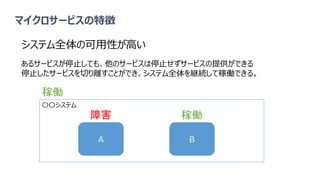 〇〇システム
システム全体の可用性が高い
あるサービスが停止しても、他のサービスは停止せずサービスの提供ができる
停止したサービスを切り離すことができ、システム全体を継続して稼働できる。
マイクロサービスの特徴
A B
障害 稼働
稼働
 