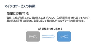 簡単に交換可能
破棄・生成が容易であり、置き換えコストが小さい。（２週間程度で作り直せる大きさ）
置き換えが容易であるため、必要に応じて書き直しができレガシー化を抑制できる。
マイクロサービスの特徴
サービス サービス
2週間程度で作り直せる
 