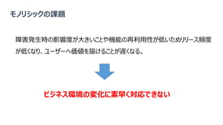 モノリシックの課題
ビジネス環境の変化に素早く対応できない
障害発生時の影響度が大きいことや機能の再利用性が低いためリリース頻度
が低くなり、ユーザーへ価値を届けることが遅くなる。
 