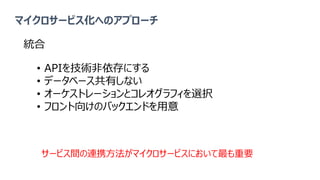 マイクロサービス化へのアプローチ
統合
サービス間の連携方法がマイクロサービスにおいて最も重要
• APIを技術非依存にする
• データベース共有しない
• オーケストレーションとコレオグラフィを選択
• フロント向けのバックエンドを用意
 