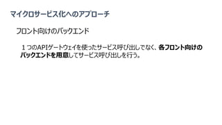 マイクロサービス化へのアプローチ
フロント向けのバックエンド
１つのAPIゲートウェイを使ったサービス呼び出しでなく、各フロント向けの
バックエンドを用意してサービス呼び出しを行う。
 