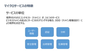 マイクロサービスの特徴
サービスの単位
境界付けられたコンテキスト（ドメイン）が、ひとつのサービス
ビジネスドメインを起点にサービスをモデリングする場合、DDD（ドメイン駆動設計）に
より境界を決定する。
ユーザー
情報
認証 分析
受注管理 出荷管理 在庫管理
 