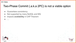 Two-Phase Commit (.a.k.a 2PC) is not a viable option
● Guarantees consistency
● Not supported by many NoSQL and MQ
● Impacts availability in CAP Theorem
● …
 