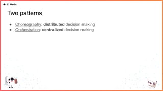 Two patterns
● Choreography: distributed decision making
● Orchestration: centralized decision making
 
