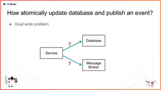 How atomically update database and publish an event?
● Dual write problem
Service
Database
Message
Broker
❓
❓
 