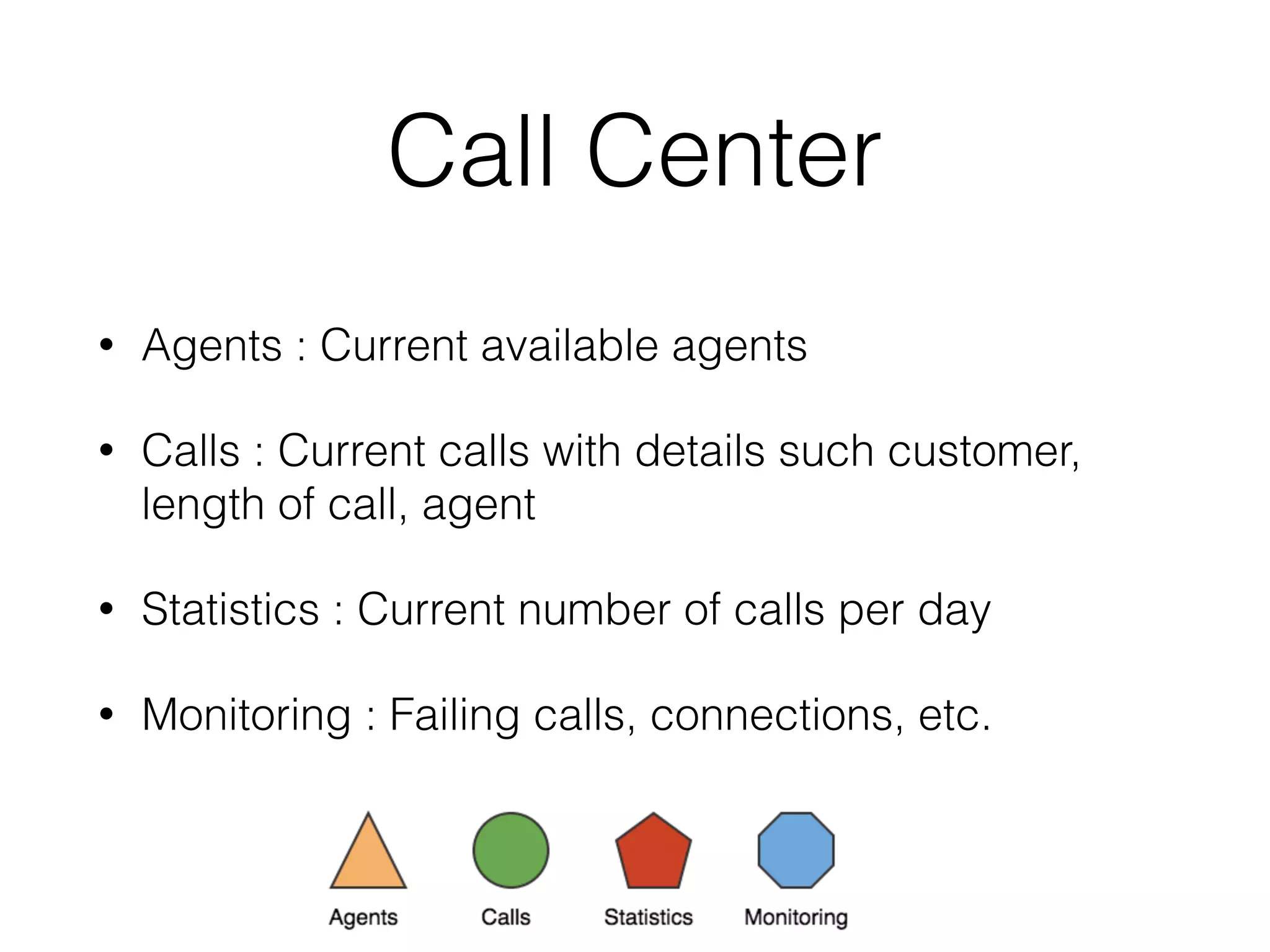 Call Center 
• Agents : Current available agents 
• Calls : Current calls with details such customer, 
length of call, agent 
• Statistics : Current number of calls per day 
• Monitoring : Failing calls, connections, etc. 
 