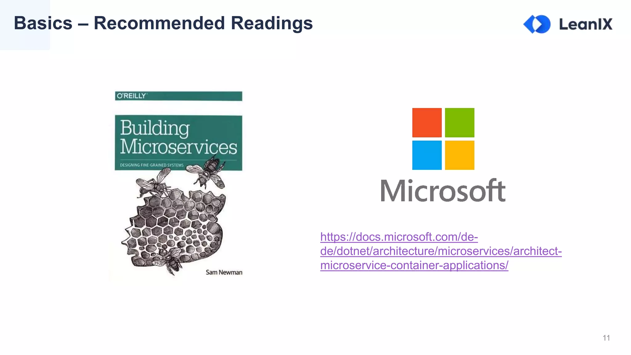 11
Basics – Recommended Readings
https://docs.microsoft.com/de-
de/dotnet/architecture/microservices/architect-
microservice-container-applications/
 