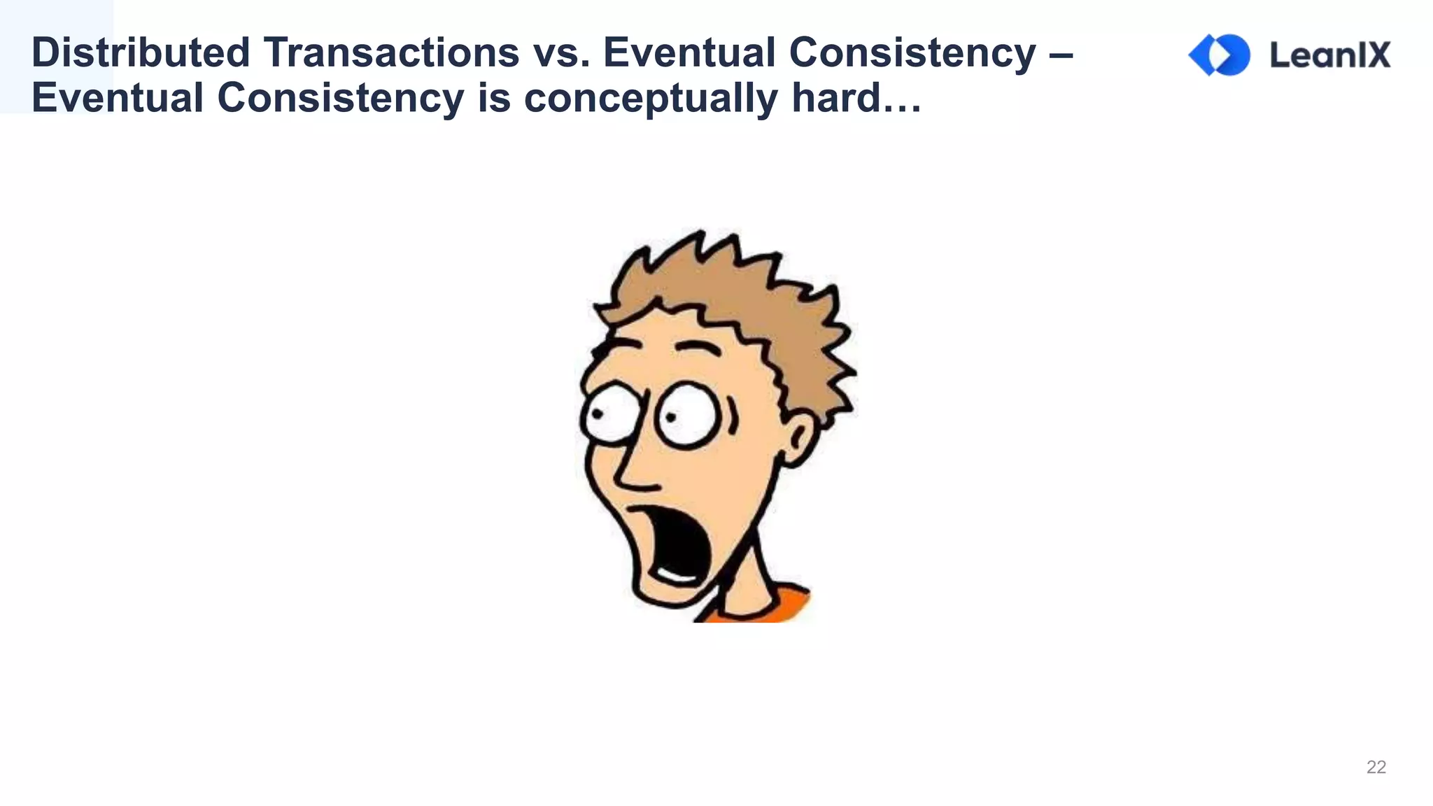 22
Distributed Transactions vs. Eventual Consistency –
Eventual Consistency is conceptually hard…
 