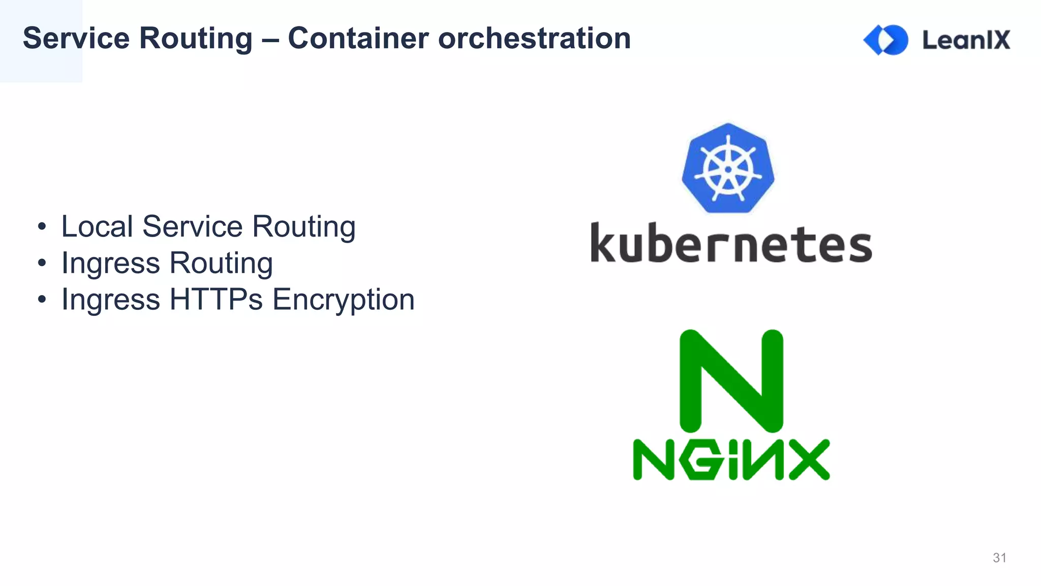 31
Service Routing – Container orchestration
• Local Service Routing
• Ingress Routing
• Ingress HTTPs Encryption
 