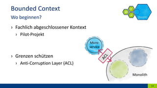 › Fachlich abgeschlossener Kontext
› Pilot-Projekt
› Grenzen schützen
› Anti-Corruption Layer (ACL)
14
Bounded Context
Wo beginnen?
Monolith
Micro-
service
ACL
 