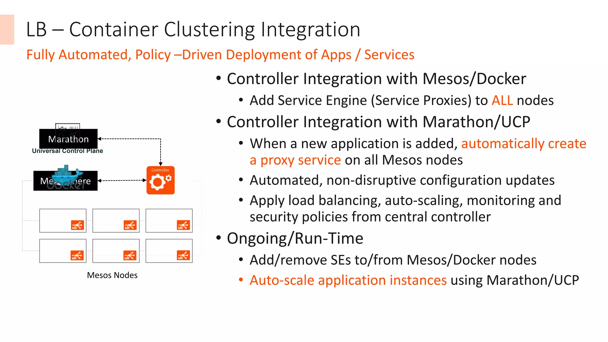 • Controller Integration with Mesos/Docker
• Add Service Engine (Service Proxies) to ALL nodes
• Controller Integration with Marathon/UCP
• When a new application is added, automatically create
a proxy service on all Mesos nodes
• Automated, non-disruptive configuration updates
• Apply load balancing, auto-scaling, monitoring and
security policies from central controller
• Ongoing/Run-Time
• Add/remove SEs to/from Mesos/Docker nodes
• Auto-scale application instances using Marathon/UCP
LB – Container Clustering Integration
Fully Automated, Policy –Driven Deployment of Apps / Services
Marathon
Mesosphere
Mesos Nodes
Universal Control Plane
 
