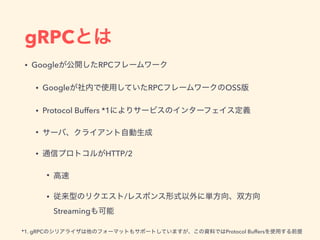 gRPC
• Google RPC
• Google RPC OSS
• Protocol Buffers *1
•
• HTTP/2
•
• /
Streaming
*1. gRPC Protocol Buffers
 