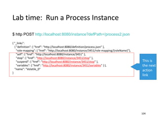 Lab time: Run a Process Instance
$ http POST http://localhost:8080/instance?defPath=/process2.json
{ "_links":
{ "definiti...