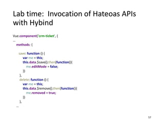 Lab time: Invocation of Hateoas APIs
with Hybind
57
Vue.component('crm-ticket', {
…
methods: {
save: function () {
var me ...