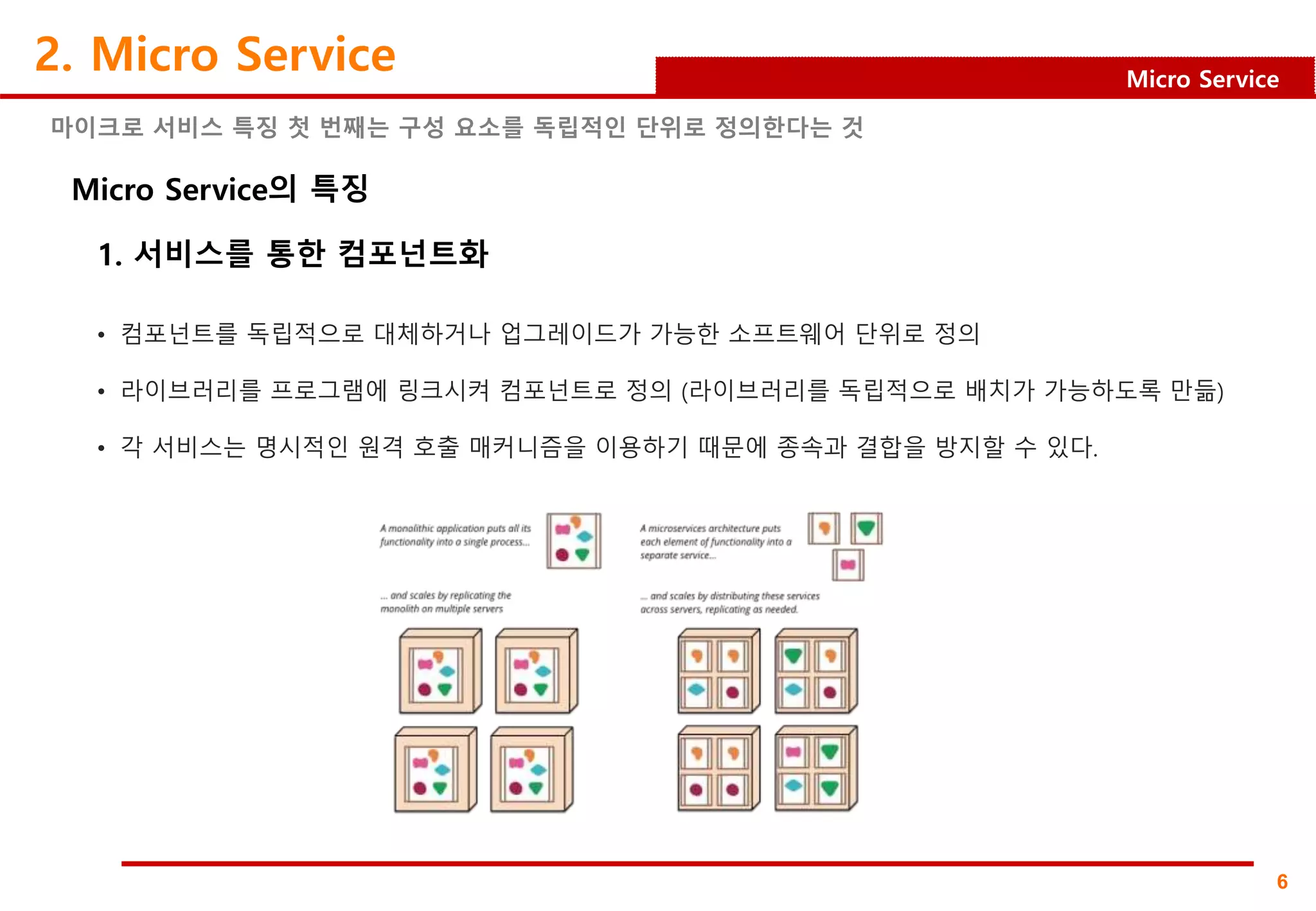6
Micro Service
2. Micro Service
Micro Service의 특징
마이크로 서비스 특징 첫 번째는 구성 요소를 독립적인 단위로 정의한다는 것
1. 서비스를 통한 컴포넌트화
• 컴포넌트를 독립적으로 대체하거나 업그레이드가 가능한 소프트웨어 단위로 정의
• 라이브러리를 프로그램에 링크시켜 컴포넌트로 정의 (라이브러리를 독립적으로 배치가 가능하도록 만듦)
• 각 서비스는 명시적인 원격 호출 매커니즘을 이용하기 때문에 종속과 결합을 방지할 수 있다.
 