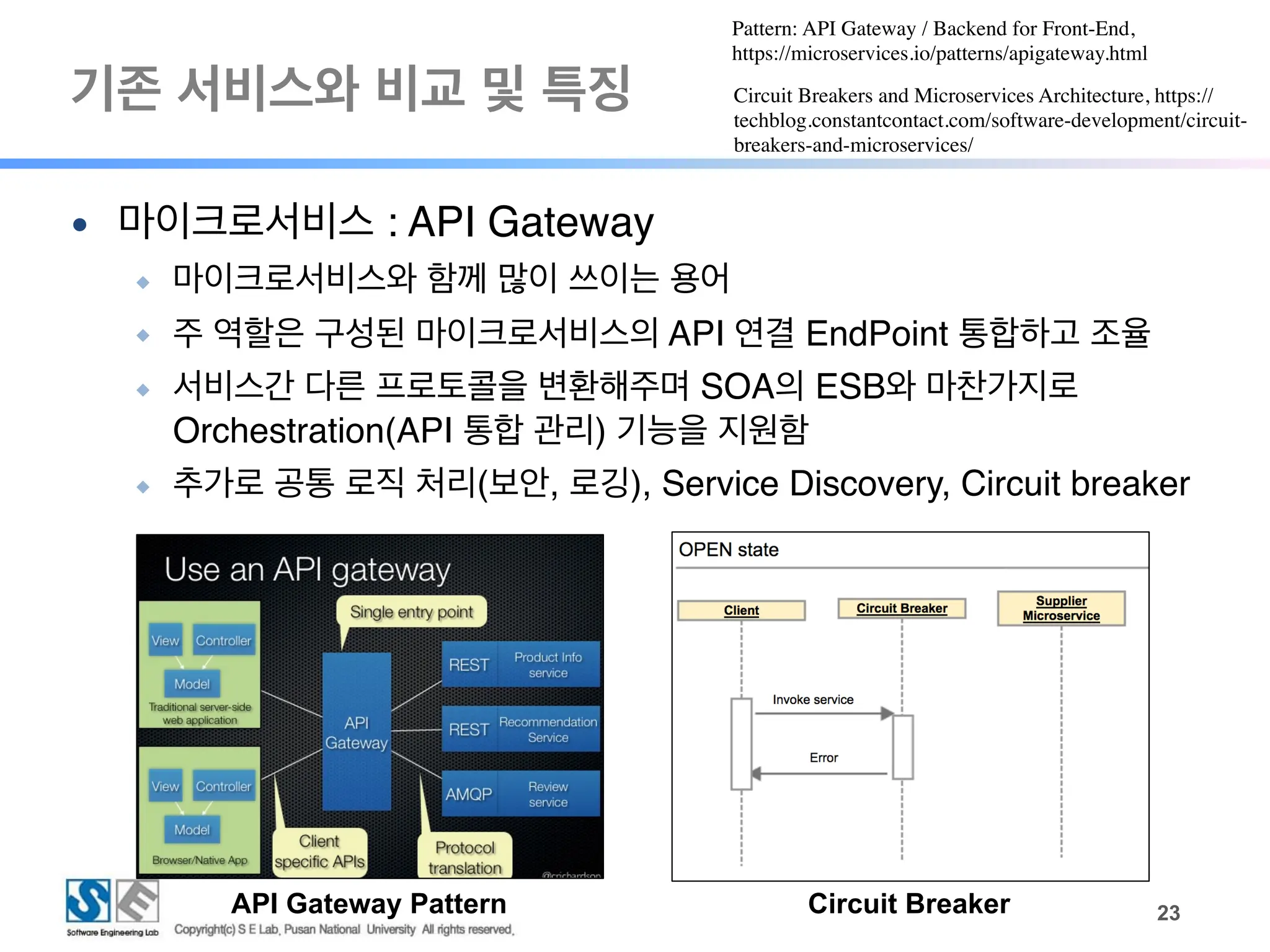 기존 서비스와 비교 및 특징
!23
● 마이크로서비스 : API Gateway
◆ 마이크로서비스와 함께 많이 쓰이는 용어
◆ 주 역할은 구성된 마이크로서비스의 API 연결 EndPoint 통합하고 조율
◆ 서비스간 다른 프로토콜을 변환해주며 SOA의 ESB와 마찬가지로
Orchestration(API 통합 관리) 기능을 지원함
◆ 추가로 공통 로직 처리(보안, 로깅), Service Discovery, Circuit breaker
Circuit Breakers and Microservices Architecture, https://
techblog.constantcontact.com/software-development/circuit-
breakers-and-microservices/
Pattern: API Gateway / Backend for Front-End,
https://microservices.io/patterns/apigateway.html
API Gateway Pattern Circuit Breaker
 