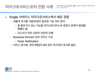 마이크로서비스로의 전환 사례
!42
● Vingle 서버리스 마이크로서비스에서 배운 경험
◆ 새롭게 추가할 내용/변경이 필요한 기능 부터 분리
● 잘 돌아가고 있는 기능을 마이크로서비스로 변경시 문제가 발생할
확률이 큼
● 리스크가 작은 것부터 천천히 진행
◆ Business Domain 단위 서비스 구성
● Feed, Notification
◆ 서비스 문서화, 특히 REST API 경우 적극적인 문서화 필요
이상현(빙글), Vingle의 AWS 기반 서버리스 마이크로서
비스 구현 사례
 