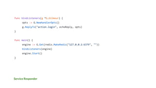 Service Responder
func bindListeners(g *G.Gilmour) {
opts := G.NewHandlerOpts()
g.ReplyTo("action.login", echoReply, opts)
}
func main() {
engine := G.Get(redis.MakeRedis("127.0.0.1:6379", ""))
bindListeners(engine)
engine.Start()
}
 