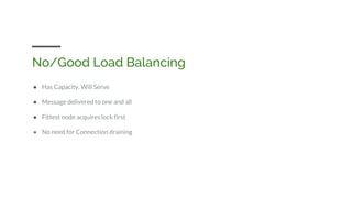 No/Good Load Balancing
● Has Capacity, Will Serve
● Message delivered to one and all
● Fittest node acquires lock first
● No need for Connection draining
 