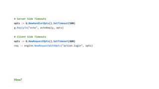How?
# Server Side Timeouts
opts := G.NewHandlerOpts().SetTimeout(500)
g.ReplyTo("echo", echoReply, opts)
# Client Side Timeouts
opts := G.NewRequestOpts().SetTimeout(400)
req := engine.NewRequestWithOpts("action.login", opts)
 
