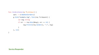 Service Responder
func bindListeners(g *G.Gilmour) {
opts := G.NewHandlerOpts()
g.Slot("example.log", func(req *G.Request) {
var msg string
if err := req.Data(&msg); err == nil {
log.Println(req.Sender(), "->", msg)
}
}, nil)
}
 