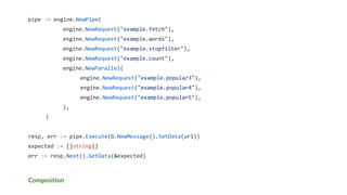 Composition
pipe := engine.NewPipe(
engine.NewRequest("example.fetch"),
engine.NewRequest("example.words"),
engine.NewRequest("example.stopfilter"),
engine.NewRequest("example.count"),
engine.NewParallel(
engine.NewRequest("example.popular3"),
engine.NewRequest("example.popular4"),
engine.NewRequest("example.popular5"),
),
)
resp, err := pipe.Execute(G.NewMessage().SetData(url))
expected := []string{}
err := resp.Next().GetData(&expected)
 