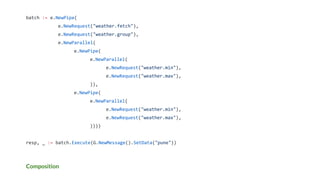 Composition
batch := e.NewPipe(
e.NewRequest("weather.fetch"),
e.NewRequest("weather.group"),
e.NewParallel(
e.NewPipe(
e.NewParallel(
e.NewRequest("weather.min"),
e.NewRequest("weather.max"),
)),
e.NewPipe(
e.NewParallel(
e.NewRequest("weather.min"),
e.NewRequest("weather.max"),
))))
resp, _ := batch.Execute(G.NewMessage().SetData("pune"))
 