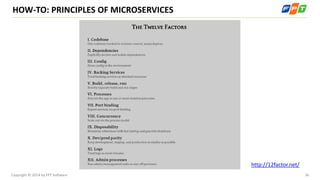 26Copyright © 2014 by FPT Software
HOW-TO: PRINCIPLES OF MICROSERVICES
http://12factor.net/
 