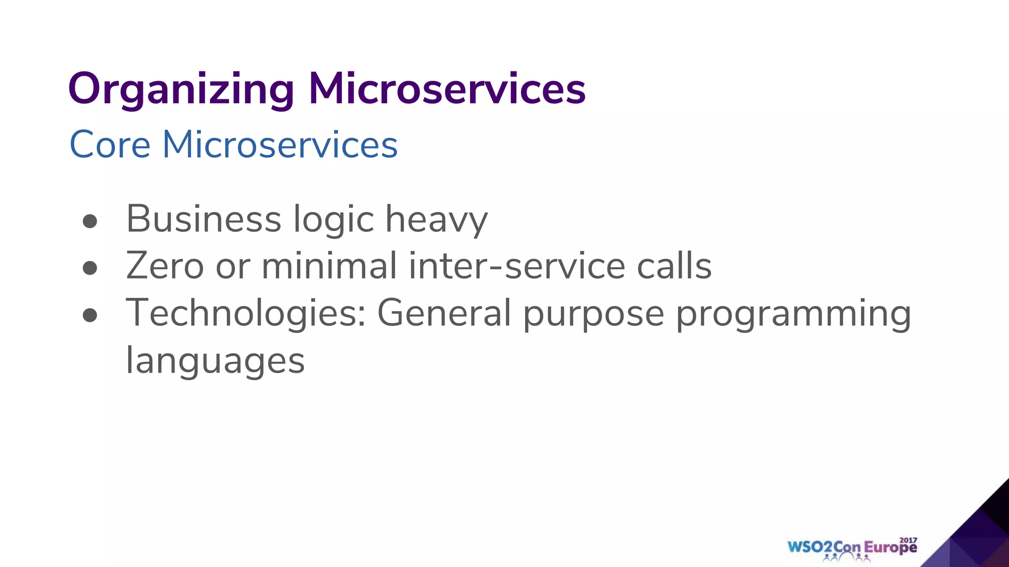 Organizing Microservices
Core Microservices
• Business logic heavy
• Zero or minimal inter-service calls
• Technologies: General purpose programming
languages
 