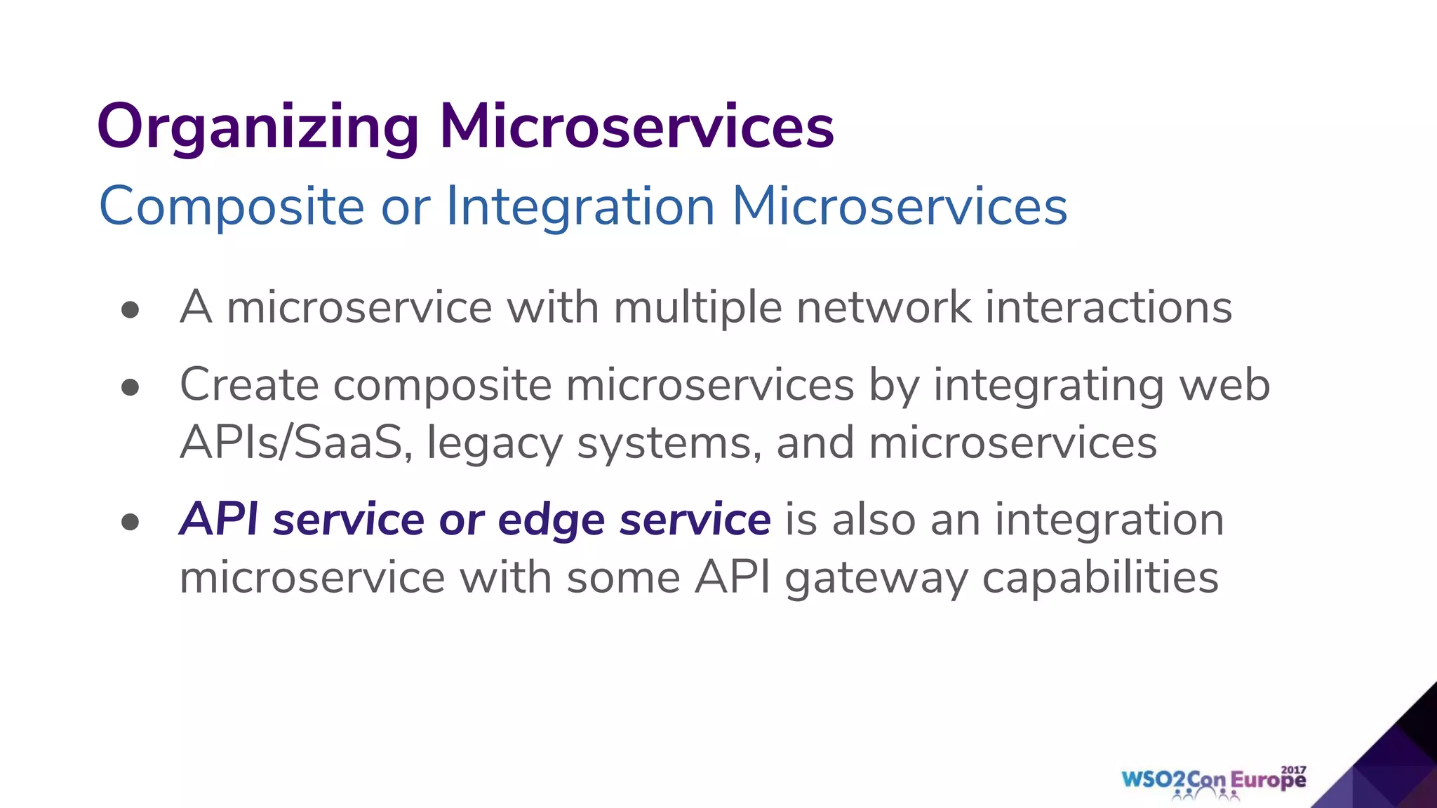 Organizing Microservices
Composite or Integration Microservices
• A microservice with multiple network interactions
• Create composite microservices by integrating web
APIs/SaaS, legacy systems, and microservices
• API service or edge service is also an integration
microservice with some API gateway capabilities
 