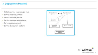 3. Deployment Patterns
• Multiple service instances per host.
• Service instance per host.
• Service instance per VM.
• Service instance per Container.
• Serverless deployment.
• Service deployment platform.
18
 