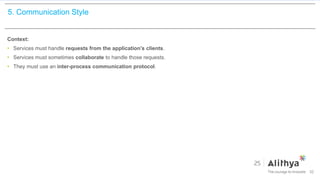 5. Communication Style
Context:
• Services must handle requests from the application’s clients.
• Services must sometimes collaborate to handle those requests.
• They must use an inter-process communication protocol.
32
 