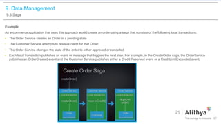 9. Data Management
9.3 Saga
Example:
An e-commerce application that uses this approach would create an order using a saga that consists of the following local transactions:
• The Order Service creates an Order in a pending state
• The Customer Service attempts to reserve credit for that Order.
• The Order Service changes the state of the order to either approved or cancelled
• Each local transaction publishes an event or message that triggers the next step. For example, in the CreateOrder saga, the OrderService
publishes an OrderCreated event and the Customer Service publishes either a Credit Reserved event or a CreditLimitExceeded event.
67
 