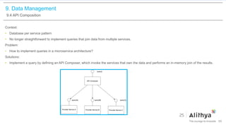 9. Data Management
9.4 API Composition
Context:
• Database per service pattern
• No longer straightforward to implement queries that join data from multiple services.
Problem:
• How to implement queries in a microservice architecture?
Solutions:
• Implement a query by defining an API Composer, which invoke the services that own the data and performs an in-memory join of the results.
69
 