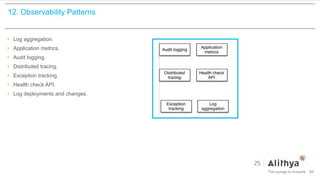 12. Observability Patterns
• Log aggregation.
• Application metrics.
• Audit logging.
• Distributed tracing.
• Exception tracking.
• Health check API.
• Log deployments and changes.
89
 