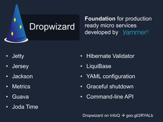 Dropwizard
• Jetty
• Jersey
• Jackson
• Metrics
• Guava
• Joda Time
• Hibernate Validator
• LiquiBase
• YAML configuration
• Graceful shutdown
• Command-line API
Foundation for production
ready micro services
developed by
Dropwizard on InfoQ  goo.gl/2RYALb
 