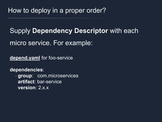 How to deploy in a proper order?
Supply Dependency Descriptor with each
micro service. For example:
depend.yaml for foo-service
dependencies:
group: com.microservices
artifact: bar-service
version: 2.x.x
-
 