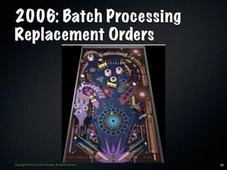 2006: Batch Processing
Replacement Orders




Copyright © 2012 by Fred George. All rights reserved.   18
 
