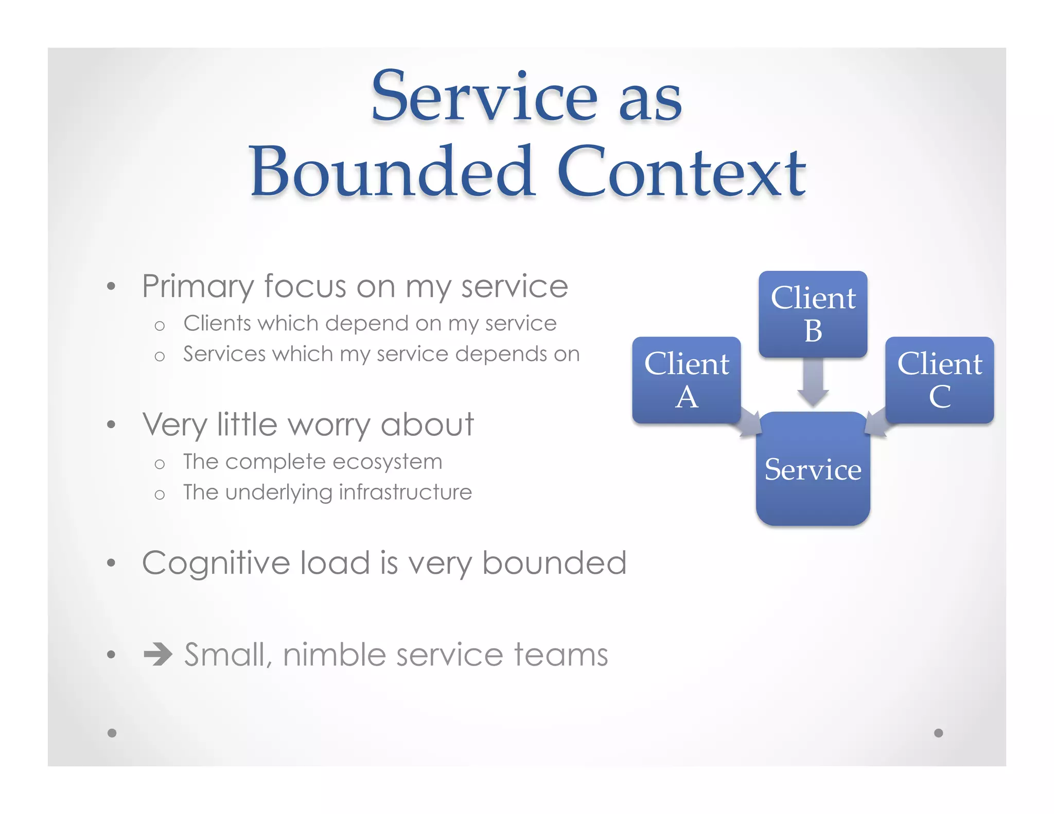 Service  as    
Bounded  Context	
•  Primary focus on my service
o  Clients which depend on my service
o  Services which my service depends on
•  Very little worry about
o  The complete ecosystem
o  The underlying infrastructure
•  Cognitive load is very bounded
•  è Small, nimble service teams
Service	
Client  
A	
Client  
B	
Client  
C	
 