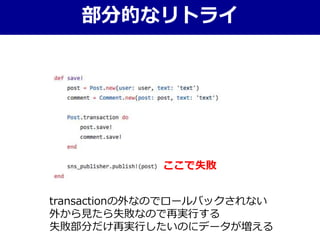 ここで失敗
部分的なリトライ
transactionの外なのでロールバックされない
外から見たら失敗なので再実行する
失敗部分だけ再実行したいのにデータが増える
 