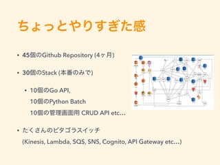 • 45 Github Repository (4 )
• 30 Stack ( )
• 10 Go API, 
10 Python Batch 
10 CRUD API etc…
•  
(Kinesis, Lambda, SQS, SNS, Cognito, API Gateway etc…)
 