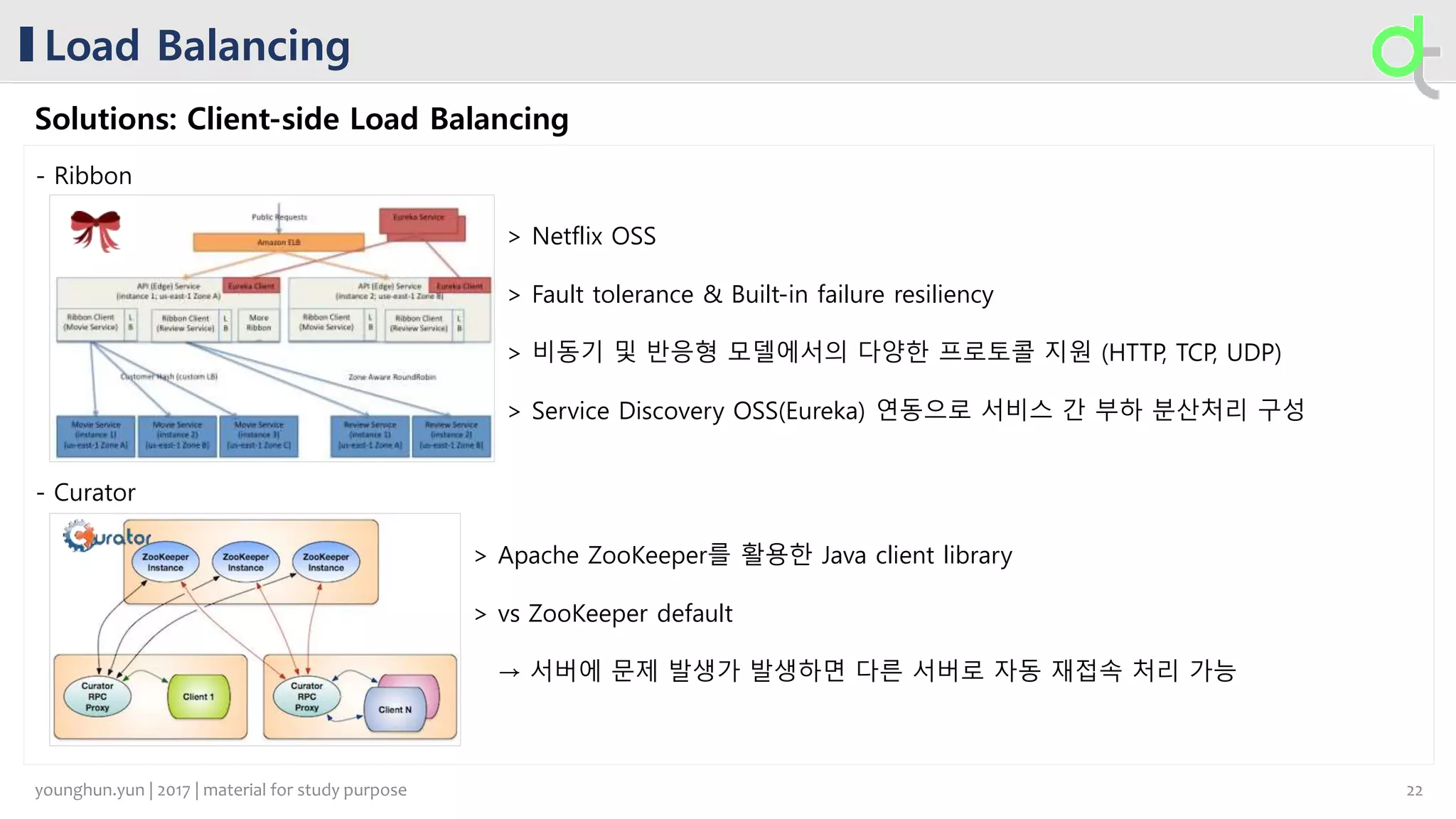 Load Balancing
Solutions: Client-side Load Balancing
- Ribbon
- Curator
> Netflix OSS
> Fault tolerance & Built-in failure resiliency
> 비동기 및 반응형 모델에서의 다양한 프로토콜 지원 (HTTP, TCP, UDP)
> Service Discovery OSS(Eureka) 연동으로 서비스 간 부하 분산처리 구성
> Apache ZooKeeper를 활용한 Java client library
> vs ZooKeeper default
→ 서버에 문제 발생가 발생하면 다른 서버로 자동 재접속 처리 가능
22younghun.yun | 2017 | material for study purpose
 