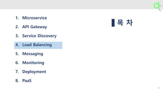 목 차
1. Microservice
2. API Gateway
3. Service Discovery
4. Load Balancing
5. Messaging
6. Monitoring
7. Deployment
8. PaaS
19
 
