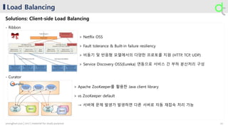 Load Balancing
Solutions: Client-side Load Balancing
- Ribbon
- Curator
> Netflix OSS
> Fault tolerance & Built-in failure resiliency
> 비동기 및 반응형 모델에서의 다양한 프로토콜 지원 (HTTP, TCP, UDP)
> Service Discovery OSS(Eureka) 연동으로 서비스 간 부하 분산처리 구성
> Apache ZooKeeper를 활용한 Java client library
> vs ZooKeeper default
→ 서버에 문제 발생가 발생하면 다른 서버로 자동 재접속 처리 가능
22younghun.yun | 2017 | material for study purpose
 