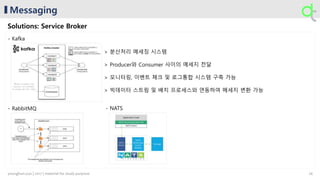 Messaging
Solutions: Service Broker
- Kafka
- RabbitMQ - NATS
> 분산처리 메세징 시스템
> Producer와 Consumer 사이의 메세지 전달
> 모니터링, 이벤트 체크 및 로그통합 시스템 구축 가능
> 빅데이터 스트림 및 배치 프로세스와 연동하여 메세지 변환 가능
26younghun.yun | 2017 | material for study purpose
 