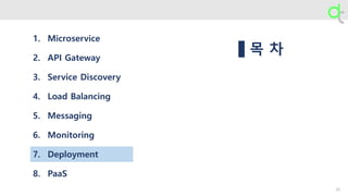 목 차
1. Microservice
2. API Gateway
3. Service Discovery
4. Load Balancing
5. Messaging
6. Monitoring
7. Deployment
8. PaaS
35
 