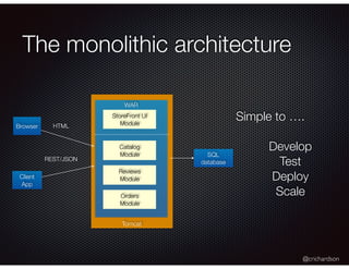 @crichardson
The monolithic architecture
Tomcat
Browser
WAR
SQL
database
HTML
REST/JSON
Client
App
Simple to ….
Develop
Test
Deploy
Scale
Catalog
Module
Reviews
Module
Orders
Module
StoreFront UI
Module
 
