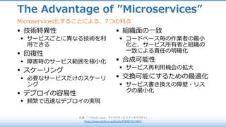 § 技術特異性
§ サービスごとに異なる技術を利
⽤できる
§ 回復性
§ 障害時のサービス範囲を極⼩化
§ スケーリング
§ 必要なサービスだけのスケーリ
ング
§ デプロイの容易性
§ 頻繁で迅速なデプロイの実現
§ 組織⾯の⼀致
§ コードベース毎の作業者の最⼩
化と、サービス所有者と組織の
⼀致による責任の明確化
§ 合成可能性
§ サービス再利⽤機会の拡⼤
§ 交換可能にするための最適化
§ サービス書き換えの障壁・リス
クの最⼩化
出典 :	「 「O'Reilly	Japan	- マイクロサービスアーキテクチャ」
https://www.oreilly.co.jp/books/9784873117607/
Microservices化することによる、7つの利点
The Advantage of ”Microservices”
 